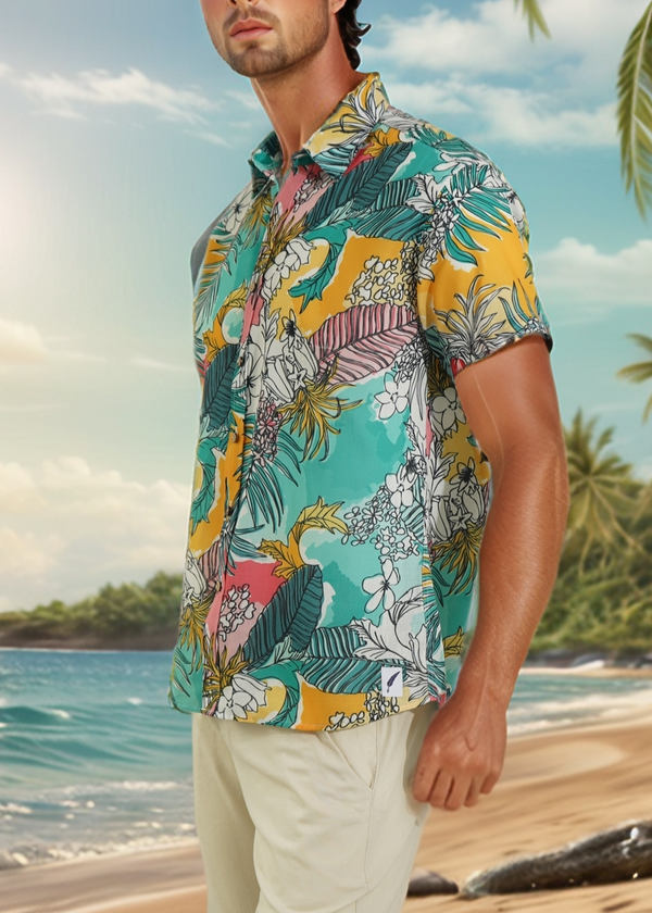 Camisa Caribeña verde con flores y palmas