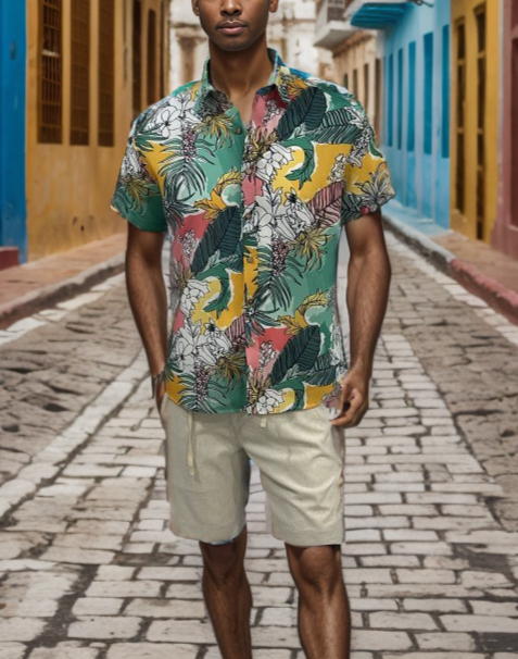 Camisa Caribeña verde con flores y palmas